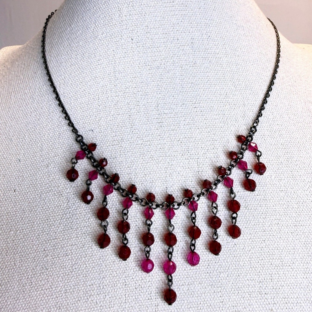 1928โ Jewelry Co Red Purple Beaded Fringe Drop Necklace Gunmetal Tone Chain